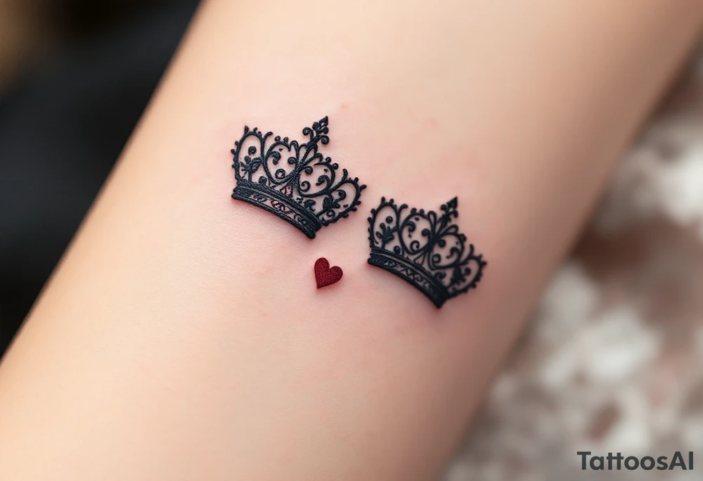 Ornate filigree-style black crowns with small deep red heart designs beneath each. tattoo idea