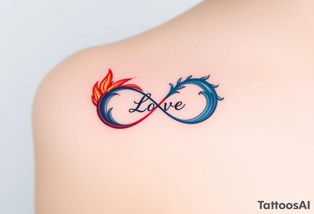 A fire and water-themed infinity symbol, with "Love" written where the two elements meet—flames in deep red and blue waves blending seamlessly tattoo idea