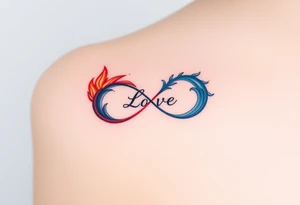 A fire and water-themed infinity symbol, with "Love" written where the two elements meet—flames in deep red and blue waves blending seamlessly tattoo idea