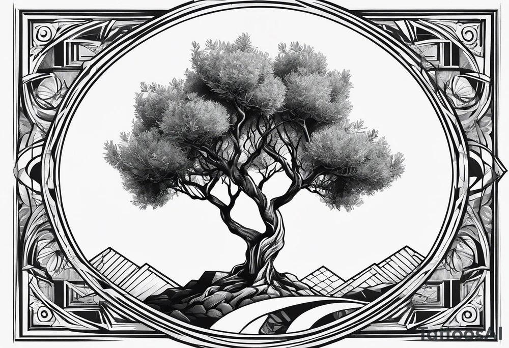 An olive tree growing from a geometric figure tattoo idea