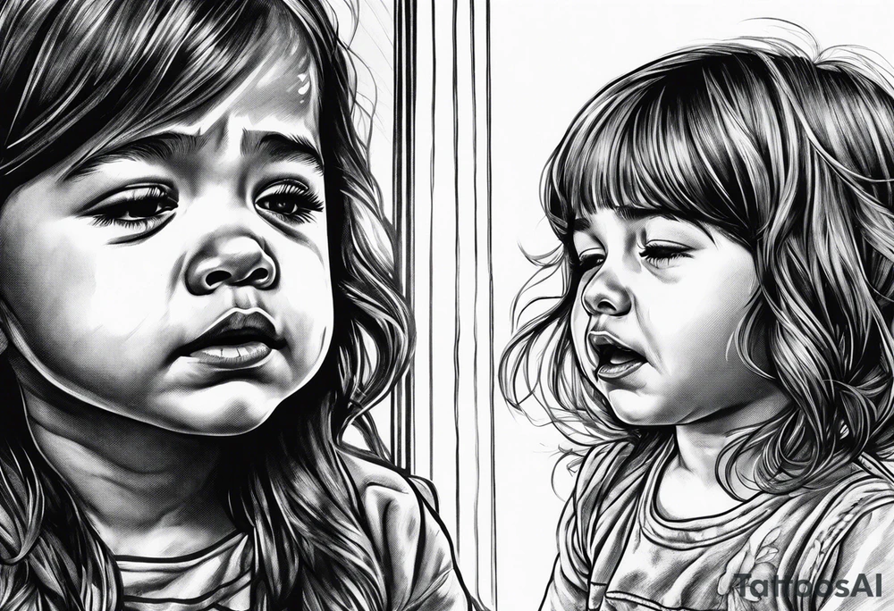 Little girl crying in the mirror with older self reflection tattoo idea Little girl crying in the mirror with older self reflection tattoo idea