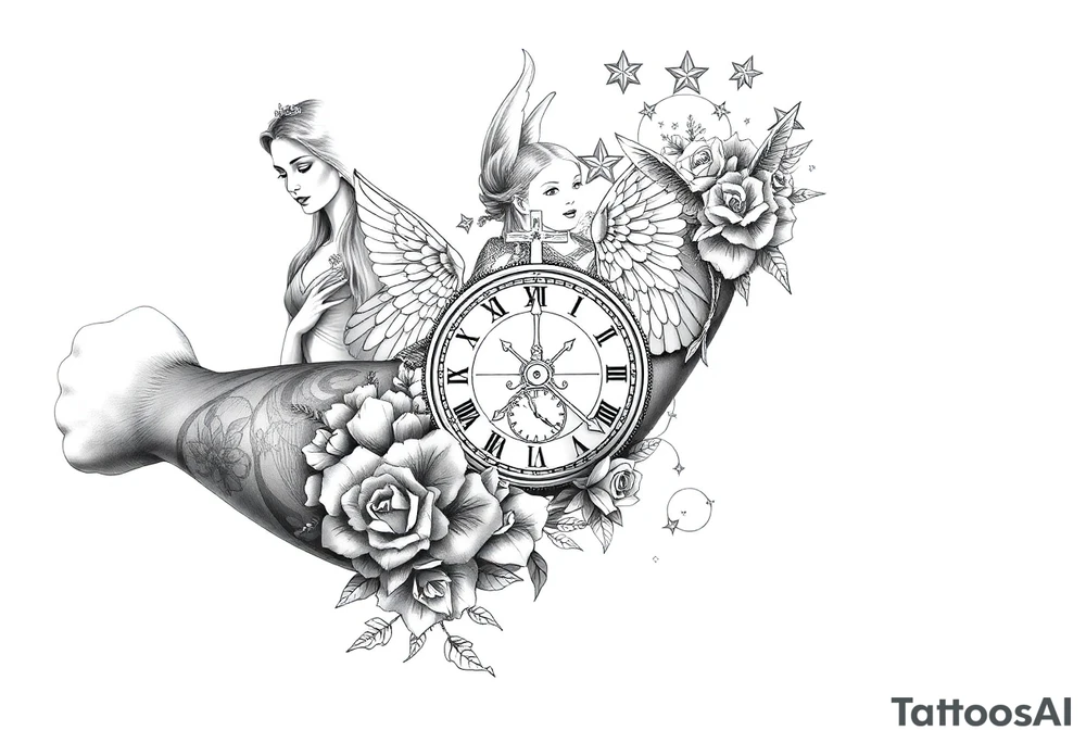 Roulette casino and princess and jesus on cross, baby angels, roses and clock and stars and fish tattoo idea