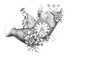 Roulette casino and princess and jesus on cross, baby angels, roses and clock and stars and fish tattoo idea