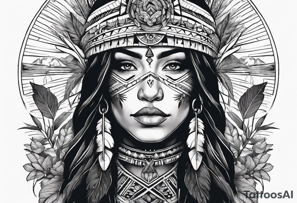 Native American holding a cross with plants and nature behind her, half sleeve tattoo idea