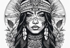 Native American holding a cross with plants and nature behind her, half sleeve tattoo idea