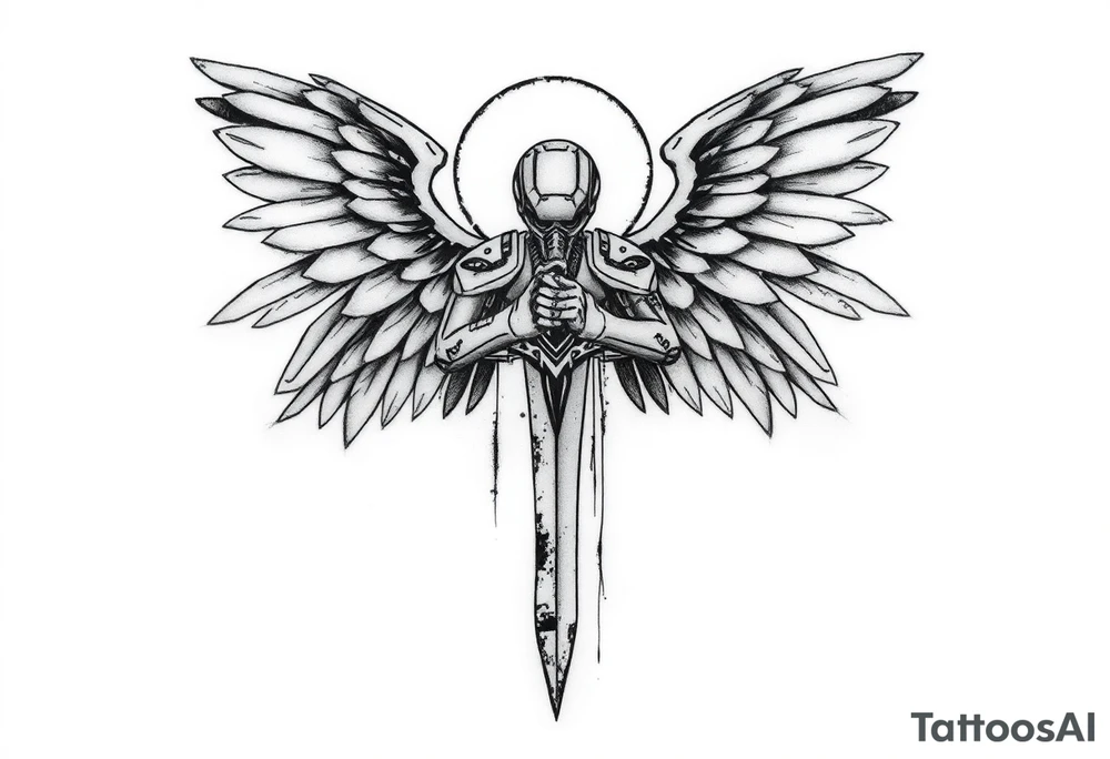 A Cybernetic Angel with a Rusted Blade
A half-robotic angel with wings of broken solar panels instead of feathers.
A rusted corporate sword, dripping data like blood.
Halo glitching between a circle and static distortion. tattoo idea