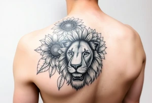 sunflower or multiple sunflowers and lion head on a womans upper arm tattoo idea