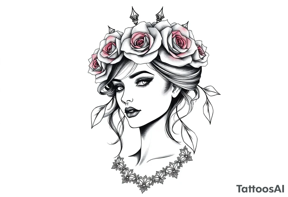 Bold vibrant gothic but also elegant and majestic wearing a rose crown also lace underneath tattoo idea