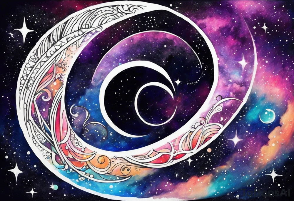 I want a spiral nebula space galaxy tattoo that's colorful and bright and cute and is nice to look at I don't want a traditional circle I want it like the ones thay look like an s shape and this tattoo will be on my left buttcheek and light colors I want more spread and less circle tattoo idea