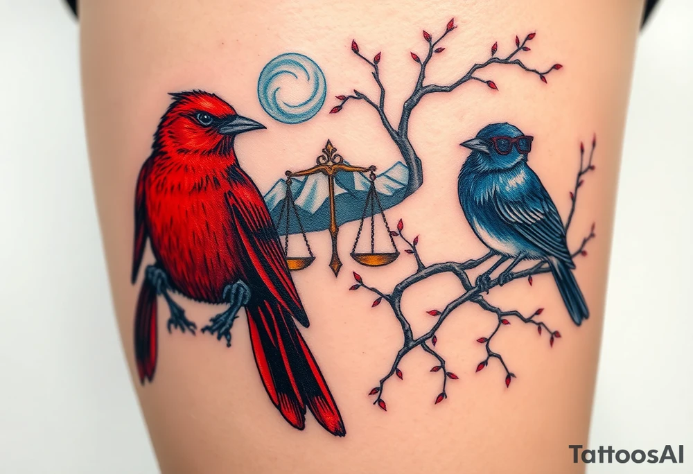 2 birds as the focus, 1 red bird in a suit, 1 navy blue bird with glasses, scales of justice in a tree, starry night painting and mountain background tattoo idea