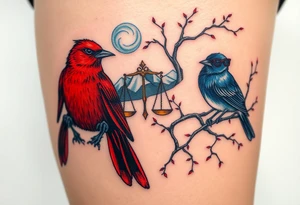 2 birds as the focus, 1 red bird in a suit, 1 navy blue bird with glasses, scales of justice in a tree, starry night painting and mountain background tattoo idea