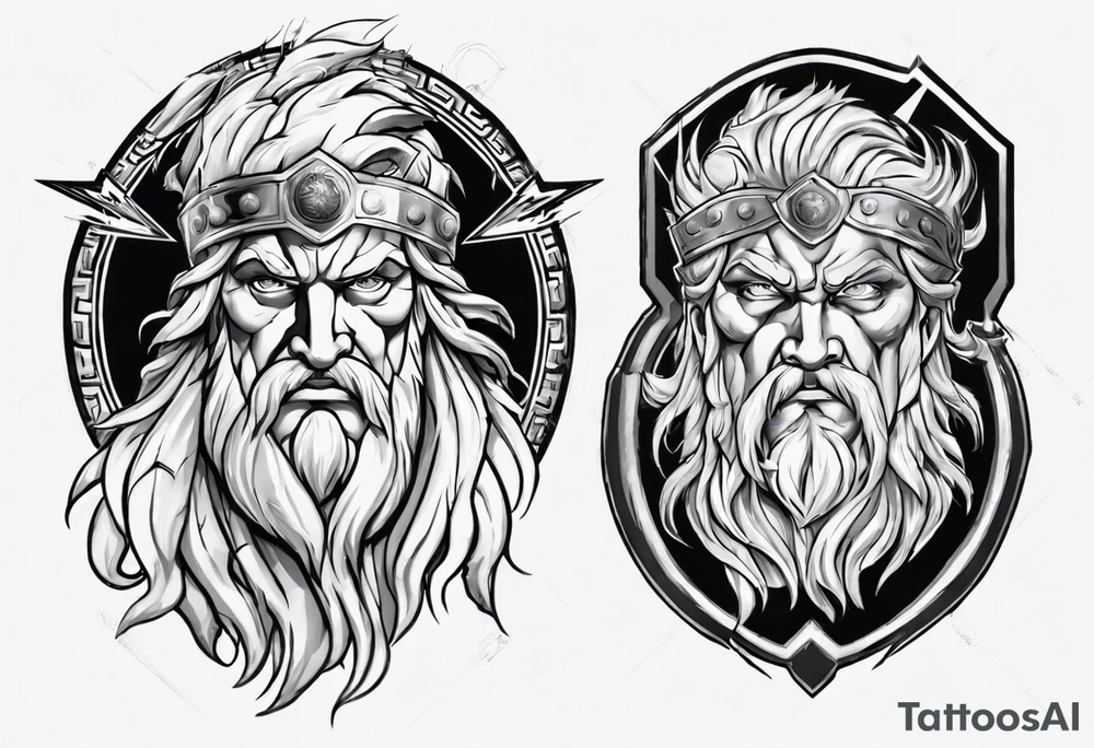 zeus with lightnings coming out of the eyes with spartan shield in background tattoo idea