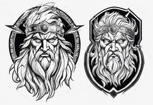 zeus with lightnings coming out of the eyes with spartan shield in background tattoo idea