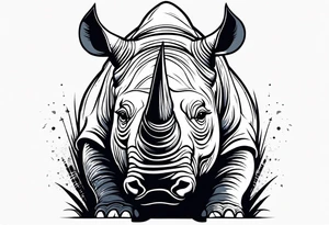 A front-facing rhino head with a sharp elongated tusk that is angry and fierce. Ears pointed straight up and forward a bit. Eyes that pierce your soul. A snarling jowel tattoo idea