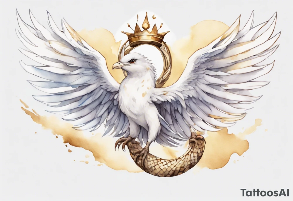 a watercolor of a white bird-serpent hybrid wearing a plain crown, with light gold wing feathers, flying in the sky tattoo idea