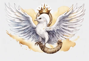 a watercolor of a white bird-serpent hybrid wearing a plain crown, with light gold wing feathers, flying in the sky tattoo idea