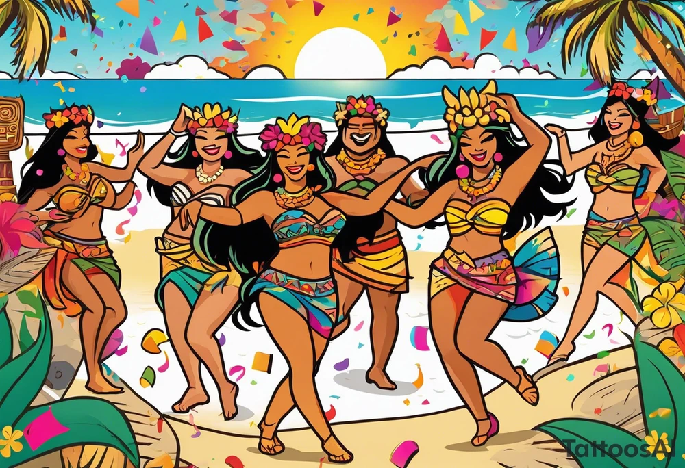 dancing tiki gods dance party on the beach with a sunset in the center of the image with confetti and music notes and sexy hula girls that are blonde and burnette tattoo idea