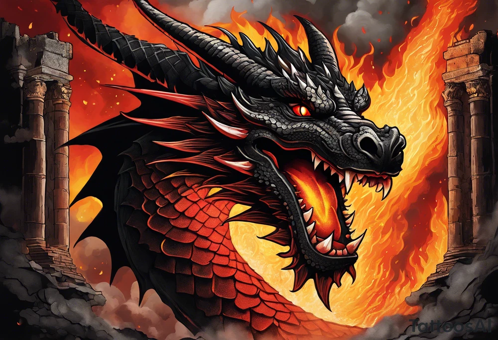 A majestic black and red dragon with shimmer golden scales standing in the burning ruins of a crumbling colosseum with flames and ash around his feet. This dragon depicts power, danger, and awe billowing flames from his mouth into the sky with wings outstretched. Show the dragon standing within the ruined, burning colosseum with crumbling columns on either side tattoo idea