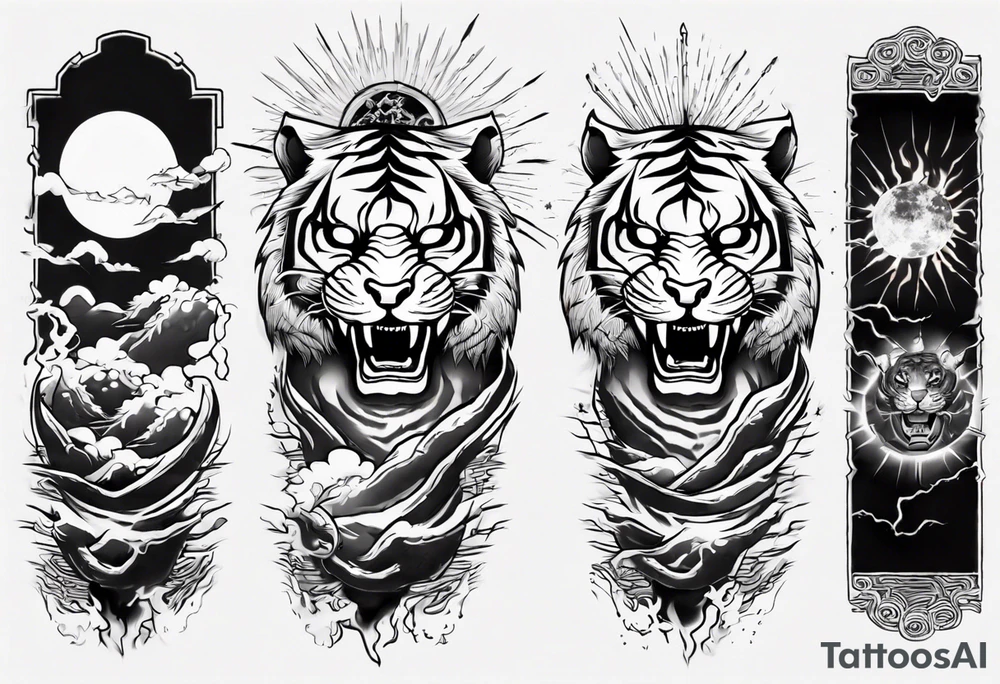 Tiger design with lightning and the sun for a forearm sleeve tattoo idea