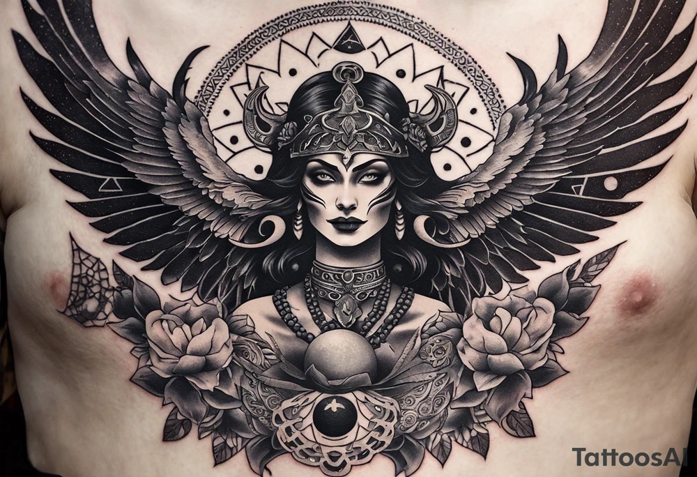 black kali, goddess pirate, alien, angel, pachamama, valkrye, warrior, flying, skull, lotus azul, wing, eagle, zenza resonance, stars, 5D, anahata chakra, death, durga, riding on a tiger, flying lady, kundalini, chest tatoo, rebel tattoo idea