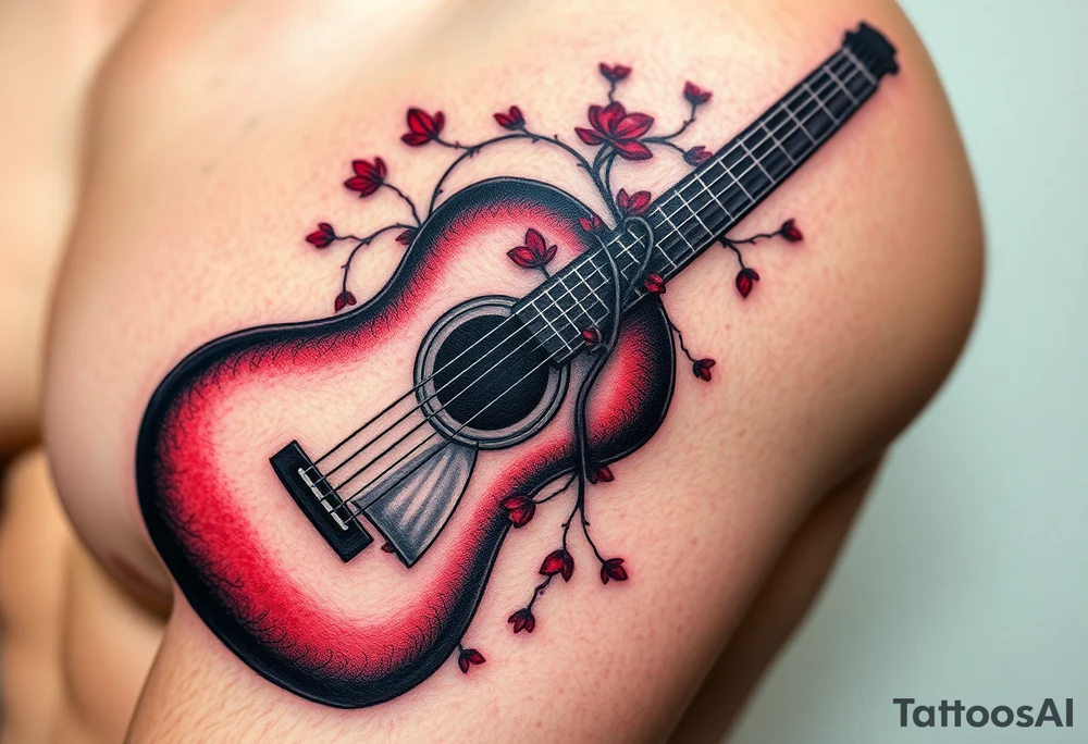 A broken guitar with vines growing through the strings, in dark tones of black and deep red, representing the fusion of music and eternal love tattoo idea