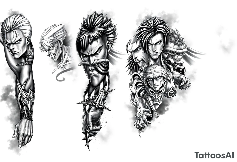 Full anime sleeve tattoo in black and grey realism, featuring 10 intense anime characters with sharp shading, dramatic lighting, and high contrast. Multiple characters integrated seamlessly along the arm, with overlapping panels, bold linework, and detailed facial expressions. Dark shadows and smoky effects in the background for depth. Masculine and dynamic style, designed as a complete arm sleeve tattoo idea