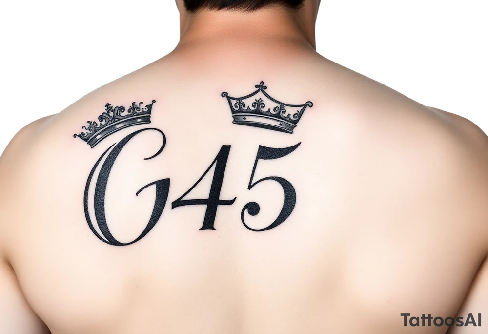 Capital G in handwritten script with a crown tilted to the left covering up the number 45 underneath on the right shoulder tattoo idea