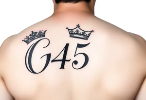 Capital G in handwritten script with a crown tilted to the left covering up the number 45 underneath on the right shoulder tattoo idea