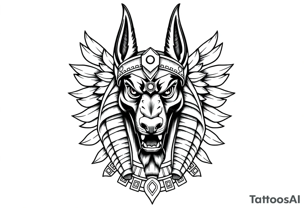 Egyptian Anubis god powerful face muscle in Egypt style with mantle on head dog face surrounded Egyptian symbols tattoo idea