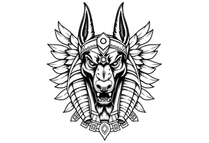 Egyptian Anubis god powerful face muscle in Egypt style with mantle on head dog face surrounded Egyptian symbols tattoo idea