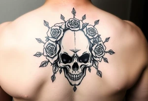 ornate skull adorned with crown of wild roses and thorns tattoo idea