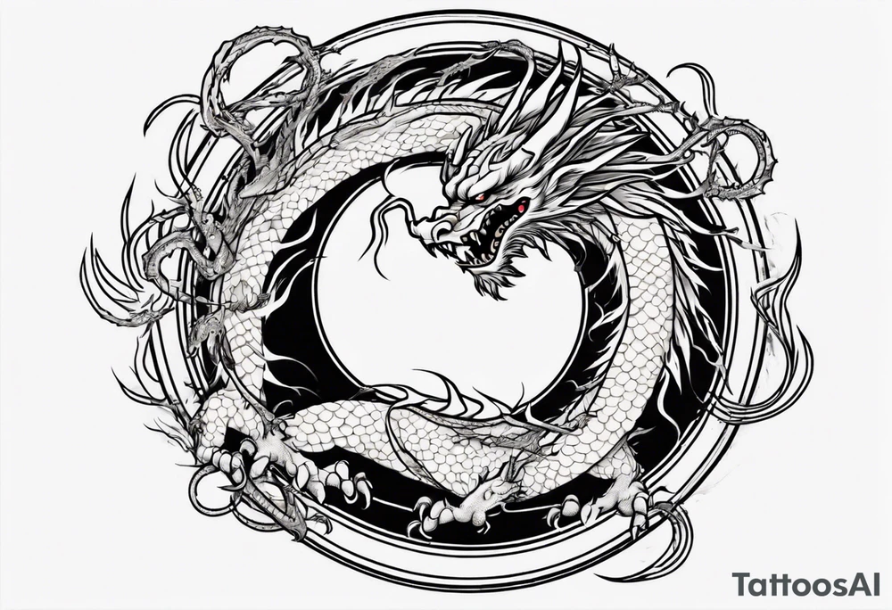Chinese dragon in a circular shape with "02.03" written on its skin tattoo idea