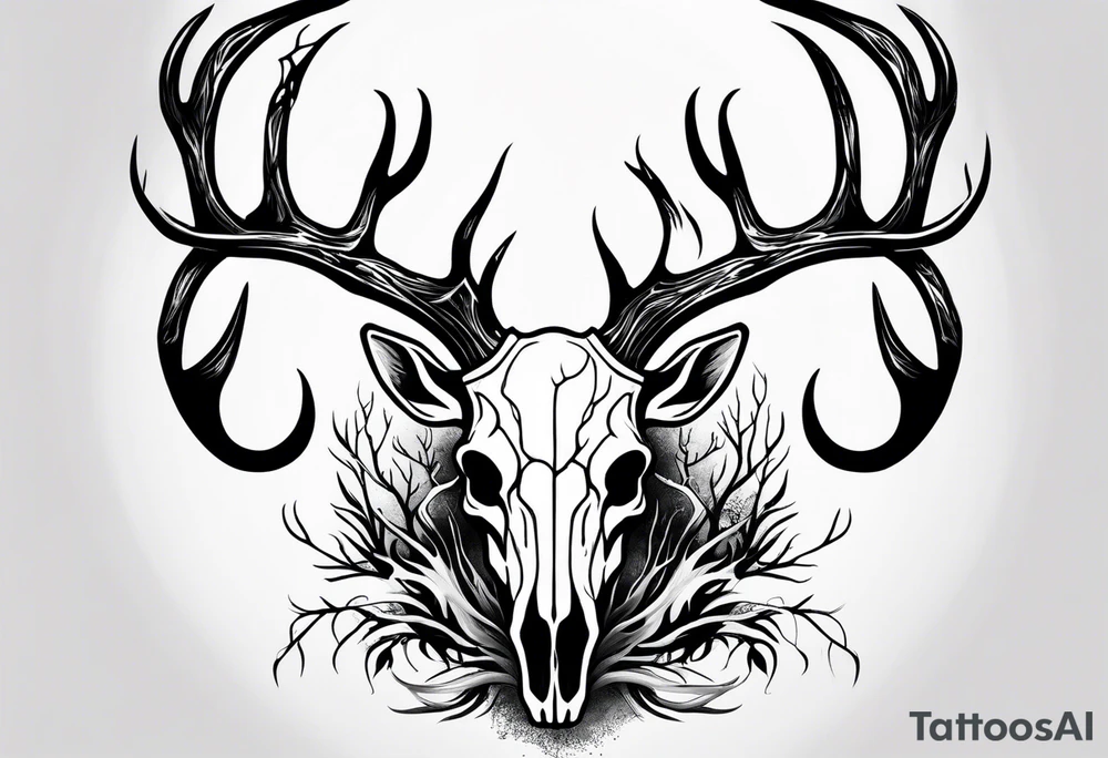 A scary decayed deer skull head with flames and trees tattoo idea