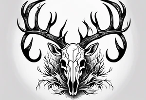A scary decayed deer skull head with flames and trees tattoo idea