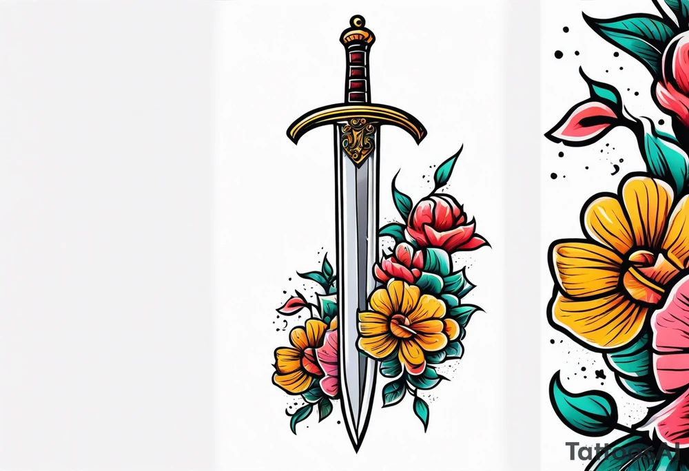 sword traditonal vintage tattoo colorful with flowers tattoo idea