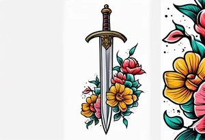 sword traditonal vintage tattoo colorful with flowers tattoo idea