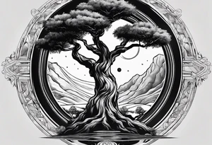 an olive tree surrounded by Saturn surrounded by a black hole tattoo idea