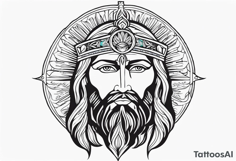 flat stern byzantine Christ with all-demanding eyes with a halo made of peacock feathers tattoo idea