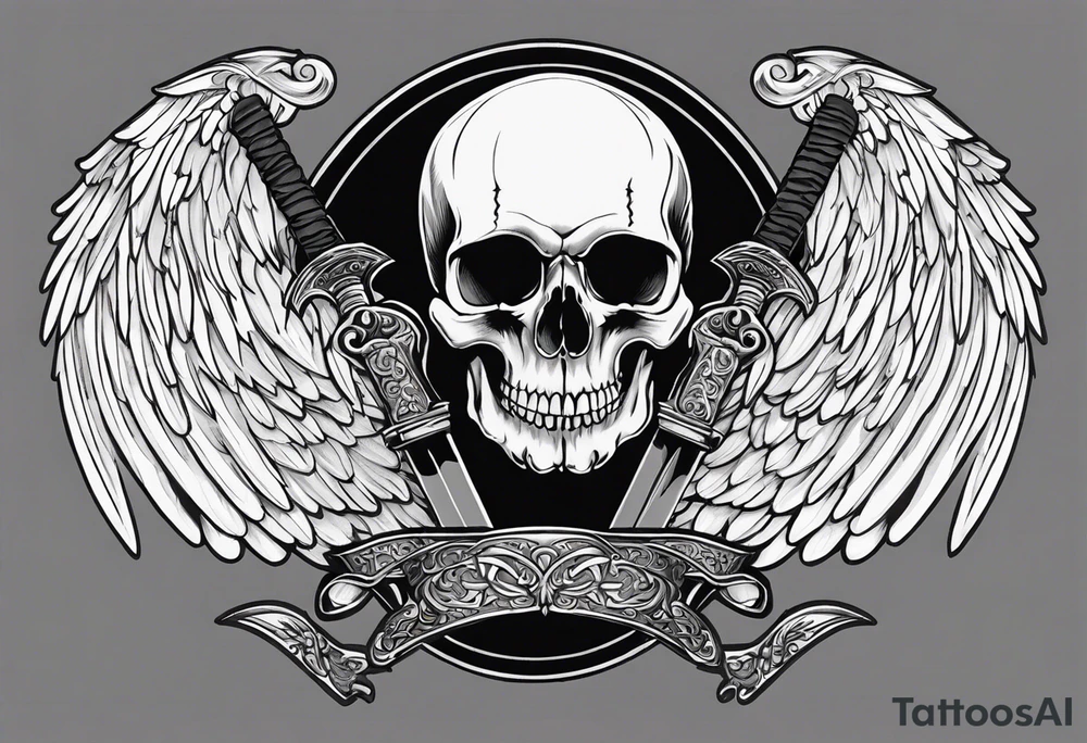 In the center is a skull pierced by a large sword. On either side of the skull, there are spread angel wings, creating an impression of protection and majesty. Beneath the skull is a ribbon that weaves through both the skull and the sword tattoo idea