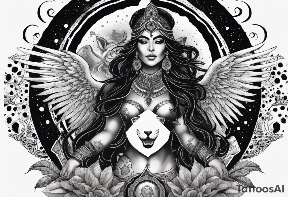 black kali, goddess pirate, alien, angel, pachamama, valkrye, warrior, flying, skull, lotus azul, wing, eagle, zenza resonance, stars, 5D, anahata chakra, death, durga, riding on a tiger, flying lady, kundalini, chest tatoo, samuri, rebel tattoo idea
