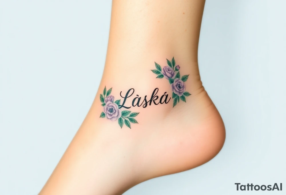 A floral infinity symbol in soft lavender and green, with "Láska" seamlessly entwined between delicate blooming roses tattoo idea