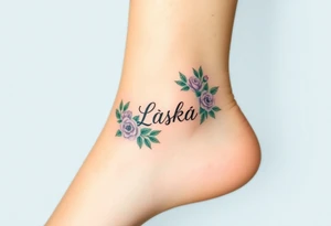 A floral infinity symbol in soft lavender and green, with "Láska" seamlessly entwined between delicate blooming roses tattoo idea