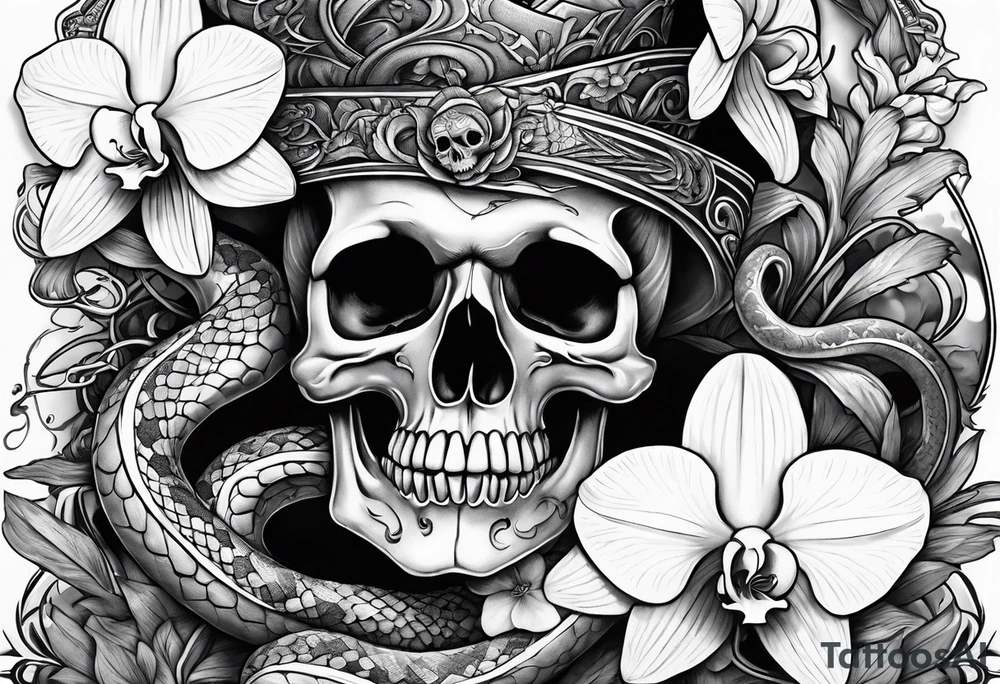 Snake wrapped around dagger, orchids and skulls tattoo idea