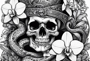 Snake wrapped around dagger, orchids and skulls tattoo idea