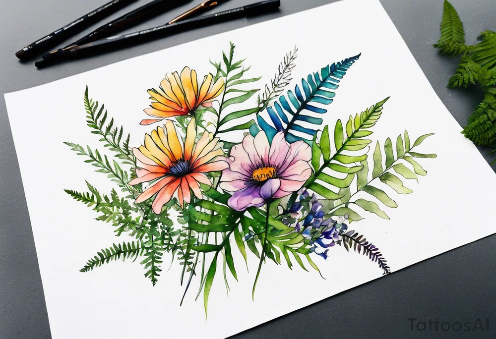 Multi colored wild flowers long stems bouquet with ferns all watercolor tattoo idea