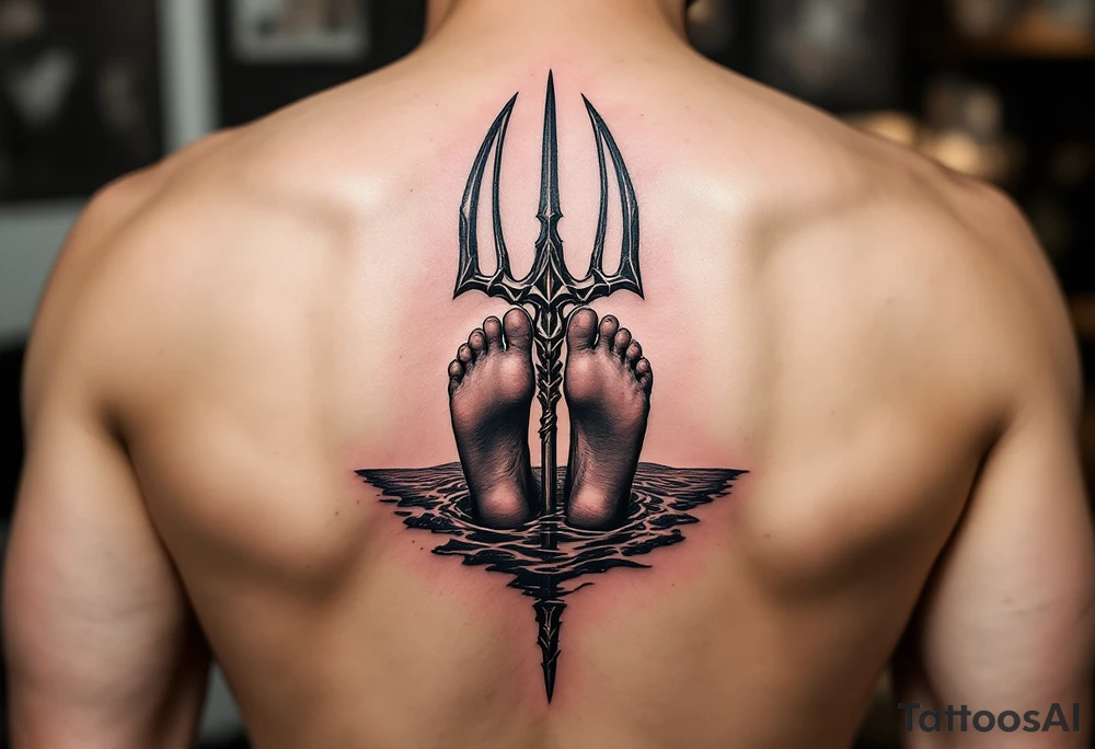 barefeet behind trident with water and sunset tattoo idea