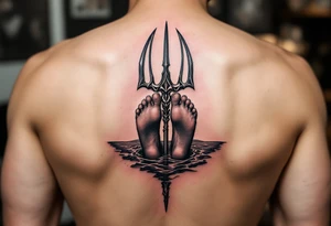 barefeet behind trident with water and sunset tattoo idea