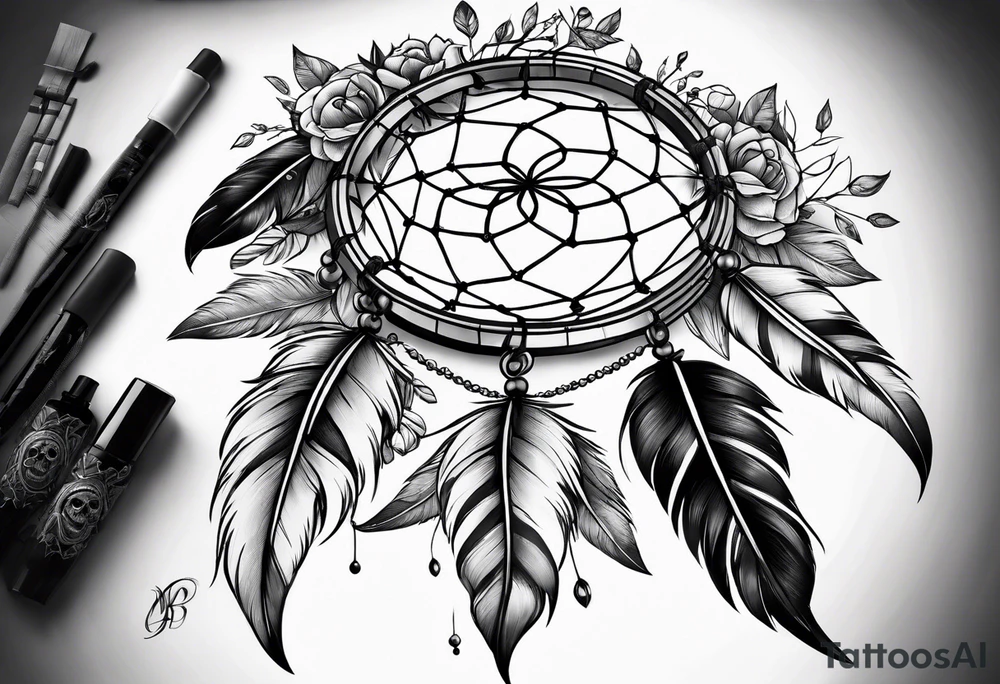 Dream catcher with black flowers and skulls tattoo idea