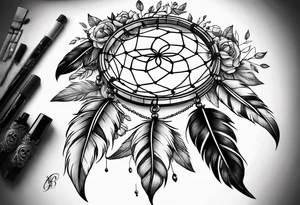 Dream catcher with black flowers and skulls tattoo idea
