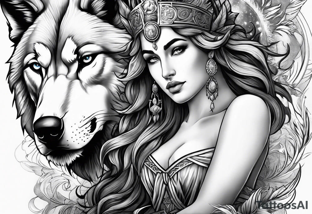 greek god zeus, full sleeve, attractive female face with wolf headress, chemical formula for protein, wolf, full body zeus tattoo idea